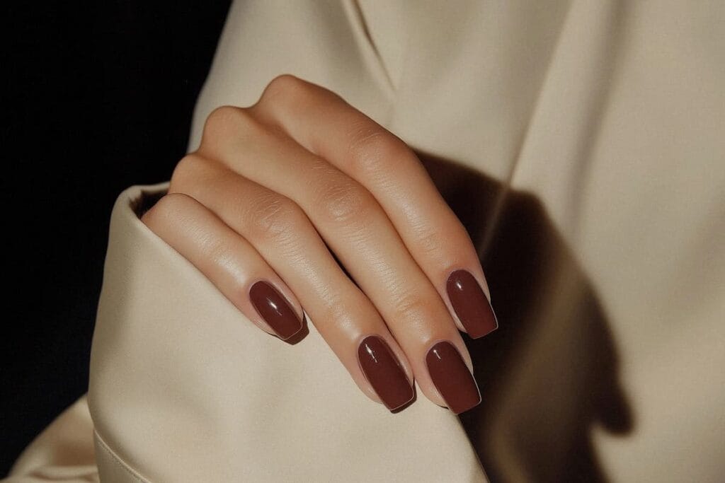 Bài thực hành sơn gel màu nâu trầm của học viên trong khóa học nail chuyên nghiệp tại Jasmine.