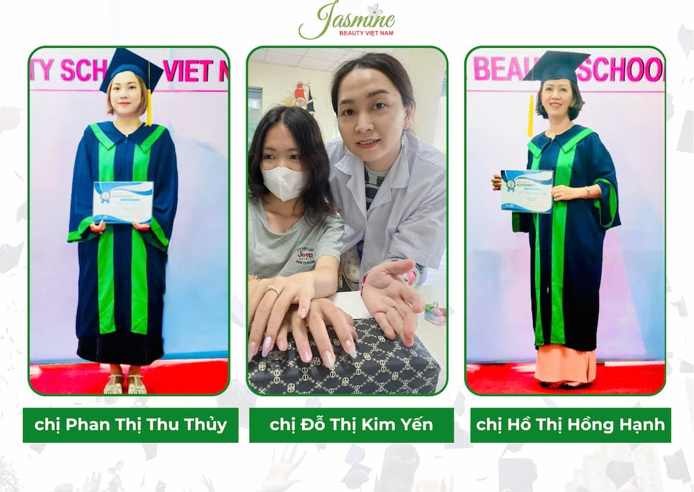 Ba học viên Jasmine Beauty School Việt Nam thi đậu bằng nails tại Mỹ: Phan Thị Thu Thủy, Đỗ Thị Kim Yến và Hồ Thị Hồng Hạnh