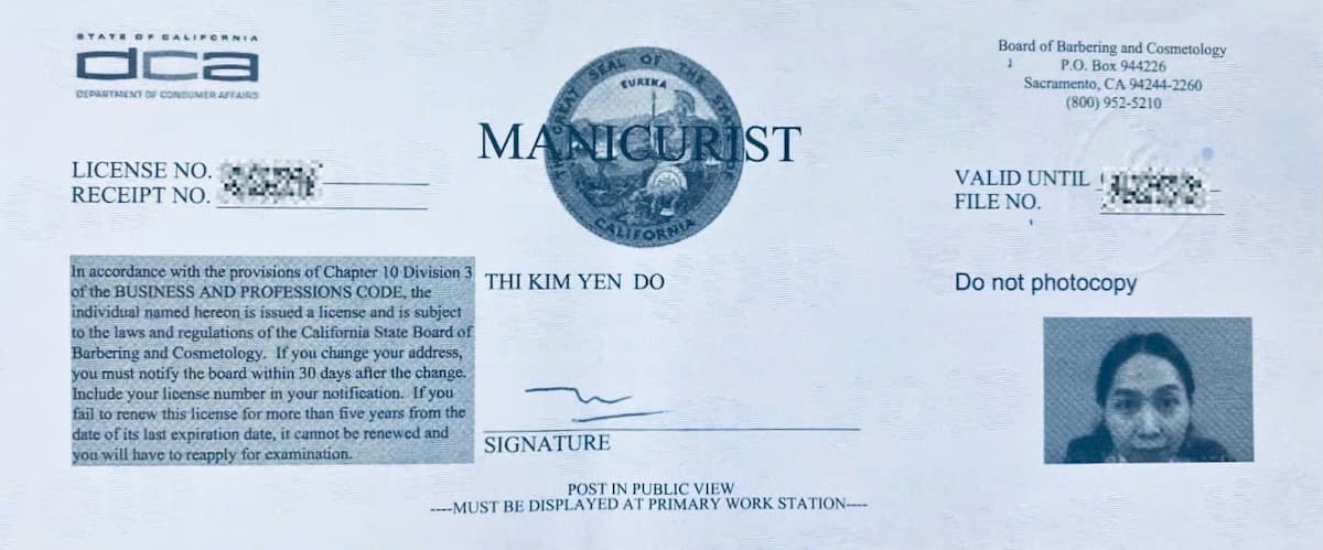 Bằng Nail License bang California của học viên Jasmine – chị Đỗ Thị Kim Yến, thi đậu sau khi hoàn thành khóa học tại Việt Nam