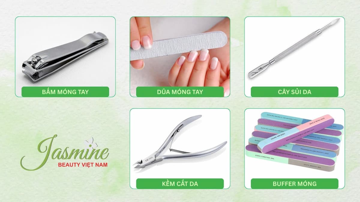 Bộ dụng cụ chăm sóc móng tại nhà gồm bấm móng, dũa móng, kềm cắt da, buffer móng chuyên dụng