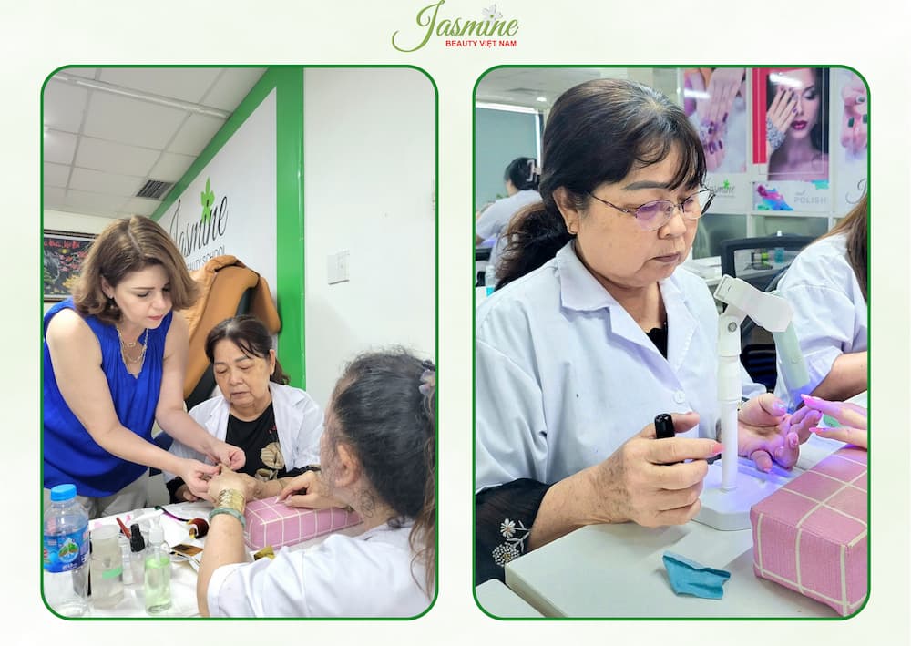 Học viên U70 – cô Nguyễn Thị Hoa – luyện thi Nail License tại Jasmine Beauty School Việt Nam với sự hướng dẫn tận tình từ giảng viên