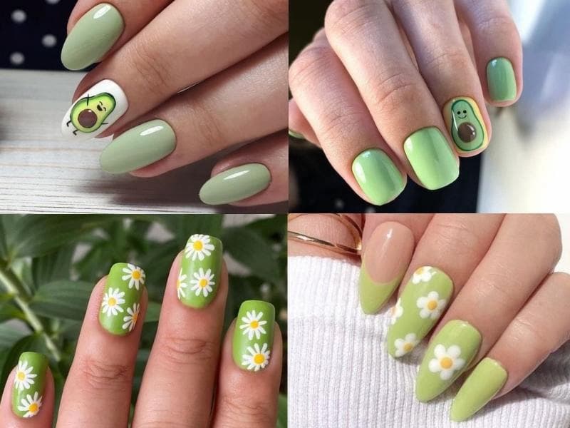 Nail xanh mint phối hoa nhí – mẫu nail đi biển đẹp dịp lễ 30/4