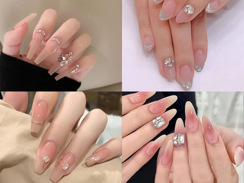 Nail nude đính đá đơn giản – phong cách nhẹ nhàng cho dịp lễ