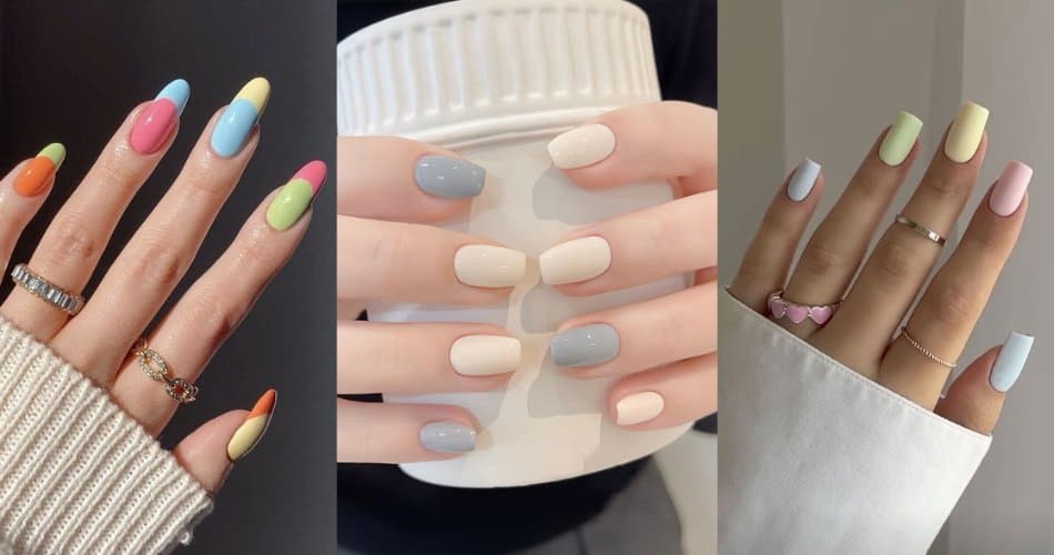 Mẫu nail phối màu pastel nhẹ nhàng, sử dụng nhiều tông nhạt như xanh mint, hồng baby, kem sữa