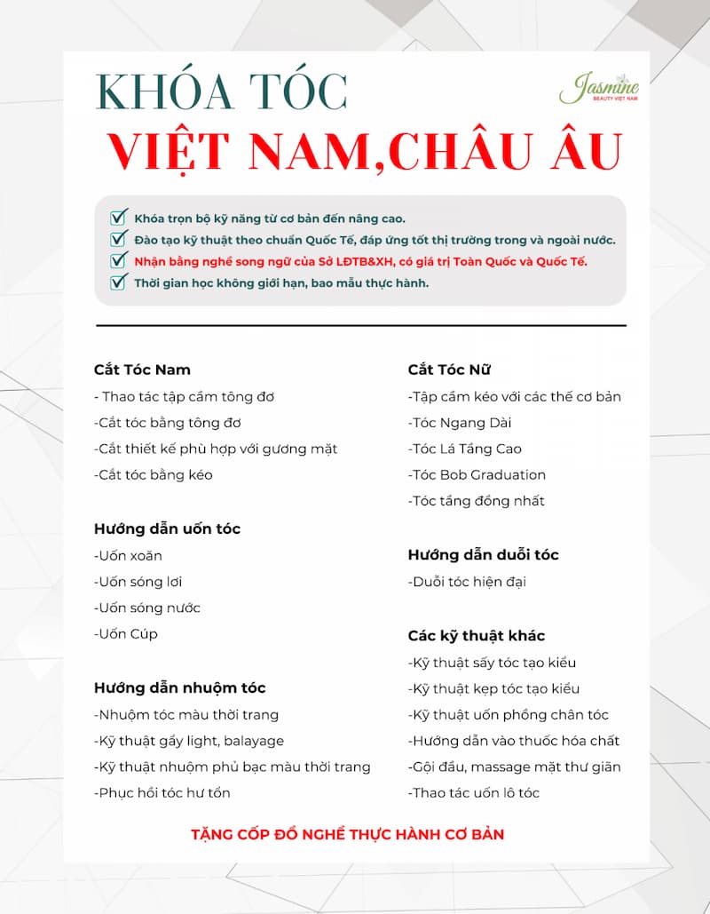 Nội dung khóa học tóc quốc tế tại Jasmine – Đào tạo từ cơ bản đến nâng cao, cấp chứng chỉ song ngữ