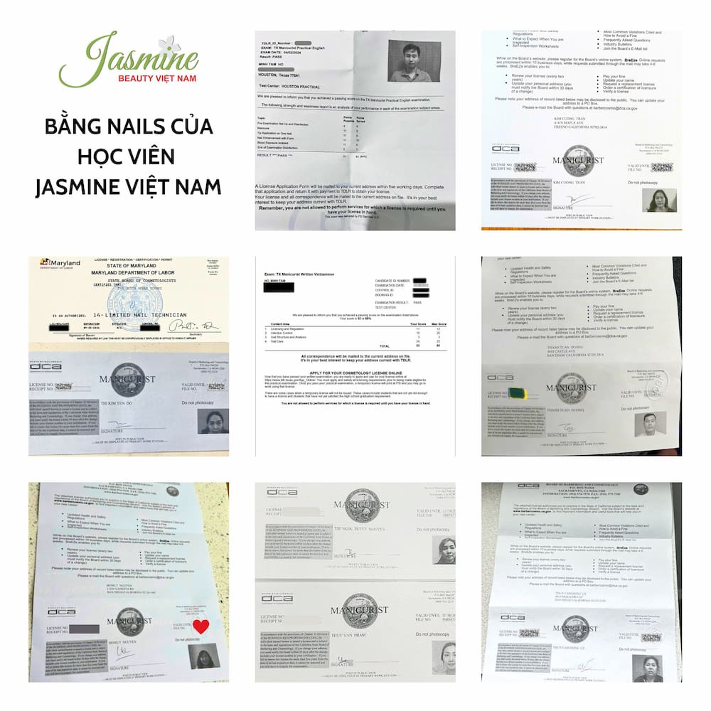 Bằng nail tại Mỹ – Nail Technician License của học viên Jasmine Việt Nam, được cấp sau khi hoàn tất kỳ thi nail tại Mỹ và đủ điều kiện hành nghề