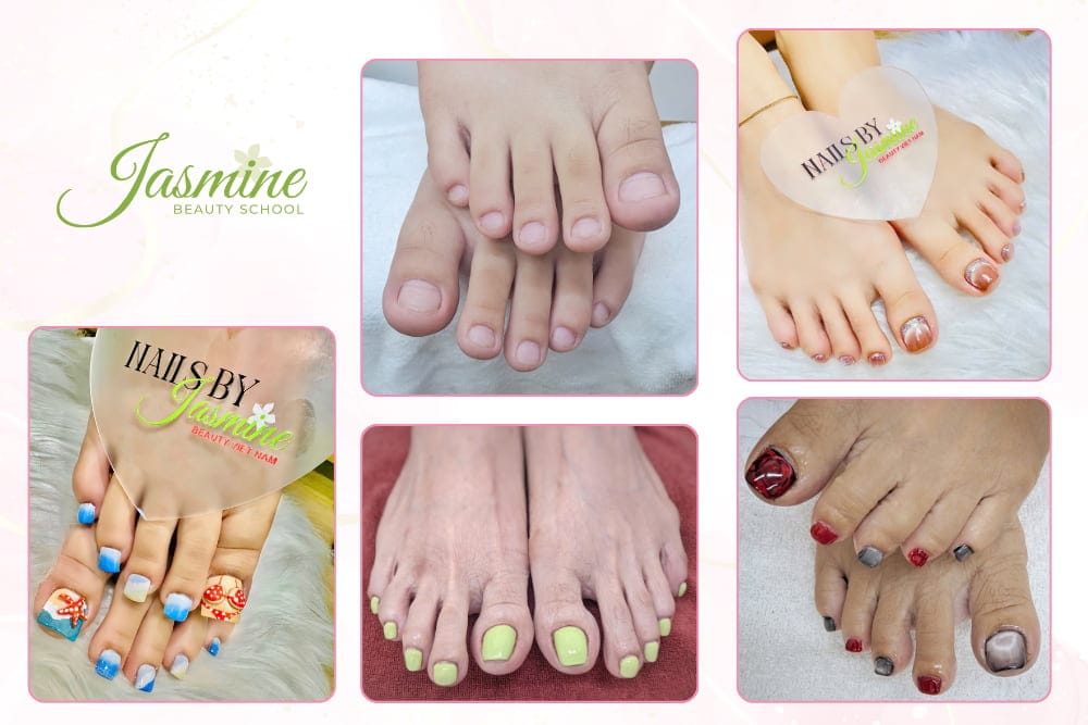 mẫu móng chân đa phong cách từ tự nhiên, nền nâu đồng, xanh biển họa tiết, xanh chanh sáng và ombre nâu đỏ tại Jasmine Beauty School