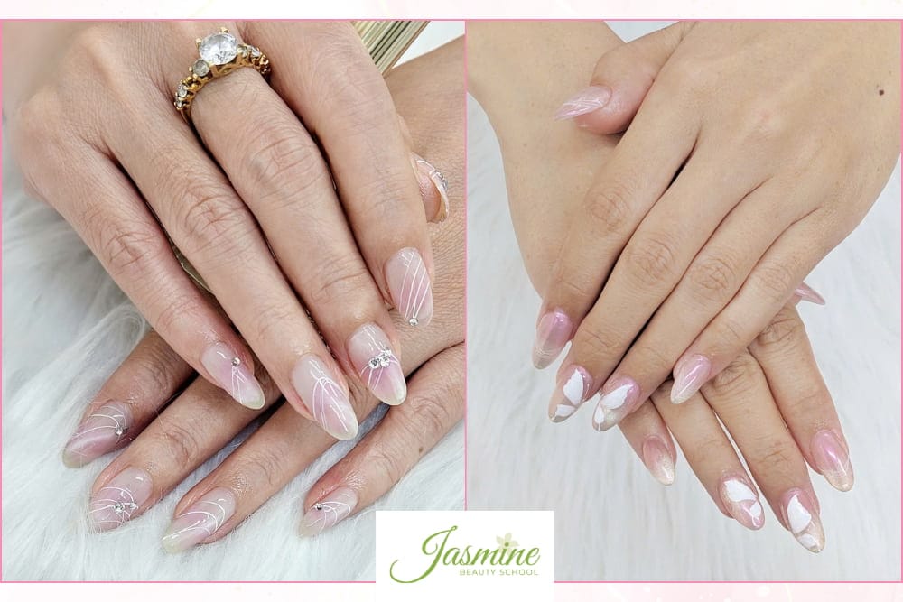 mẫu móng gel họa tiết cánh bướm phối màu hồng nhạt nhẹ nhàng, thanh thoát, thực hiện tại Jasmine Beauty School
