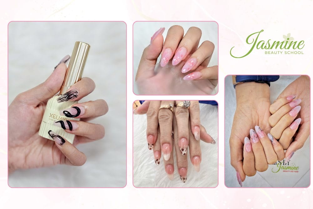 mẫu móng kết hợp kỹ thuật ombre, detailing hoa trắng, vân khói, da báo, charm đá tại Jasmine Beauty School