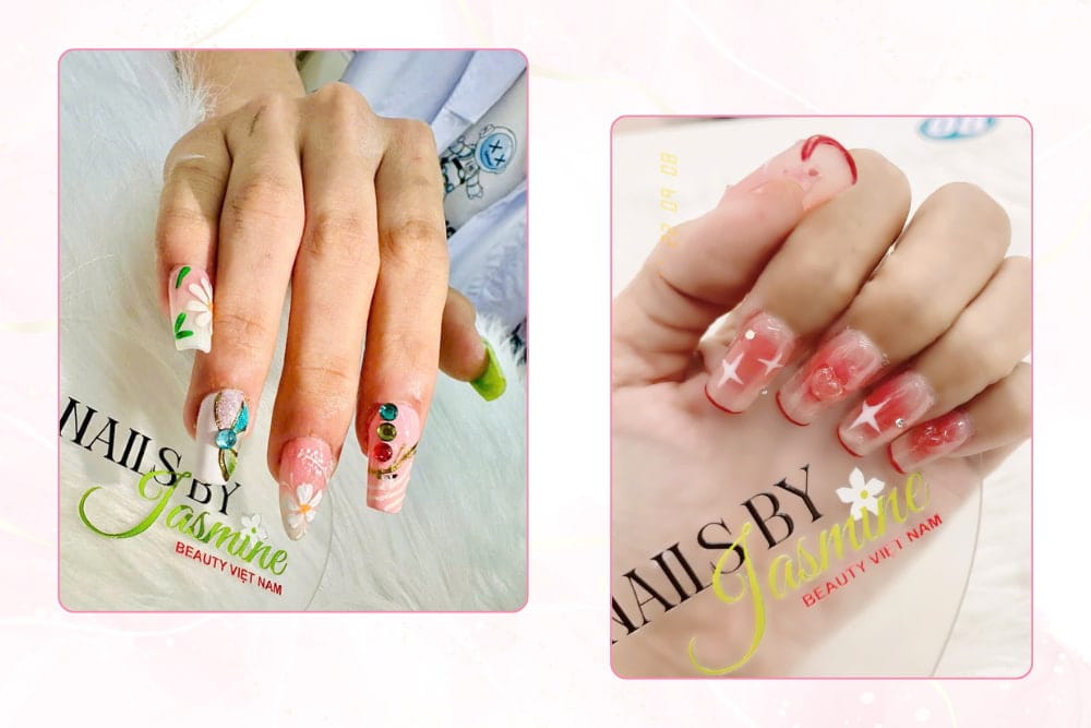 mẫu móng tổng hợp với kỹ thuật loang gel, vẽ detailing hoa trắng, đắp gel nổi và đính charm đá nổi tại Jasmine Beauty School