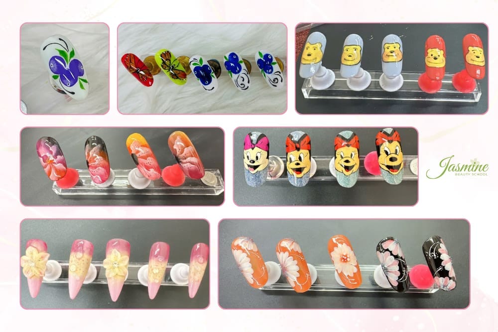  Bộ mẫu nail đa phong cách với hoa cọ nét, nhân vật hoạt hình đáng yêu, họa tiết 3D hoa nổi, và nền ombre phối hoa tinh tế tại Jasmine Beauty School