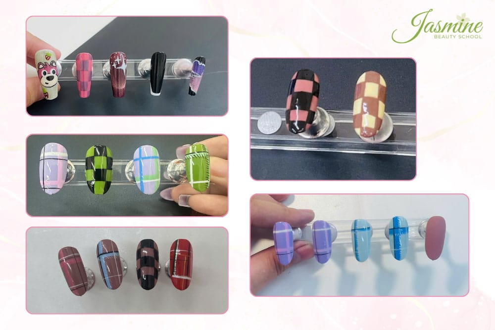 Bộ mẫu nail kẻ caro đa màu sắc kết hợp hoạt hình độc đáo tại Jasmine Beauty School