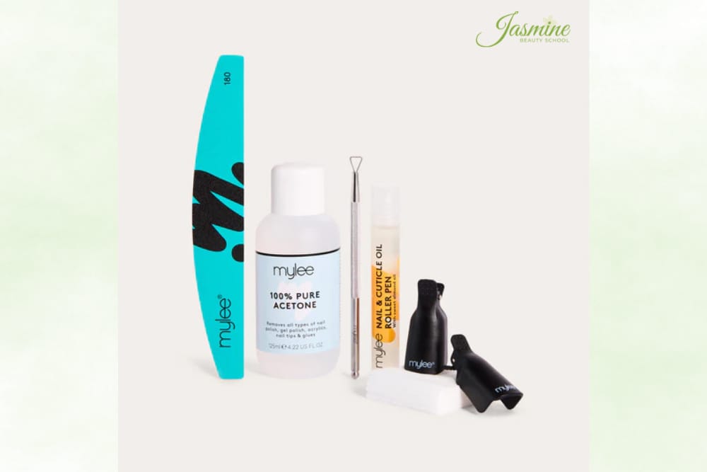dụng cụ tháo gel bằng acetone nguyên chất – gồm dũa móng, cây đẩy, kẹp ngón, bông tẩy trang và dầu dưỡng móng