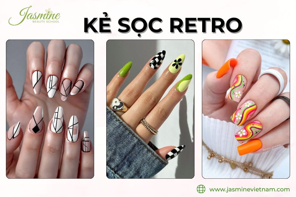 mẫu móng kẻ sọc retro đẹp cho mùa hè 2025, kết hợp nhiều màu sắc nổi bật và phong cách nghệ thuật
