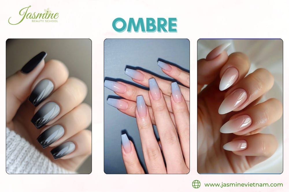 mẫu móng ombre đẹp cho mùa hè 2025, chuyển sắc mượt mà từ nhạt đến đậm, phù hợp mọi phong cách