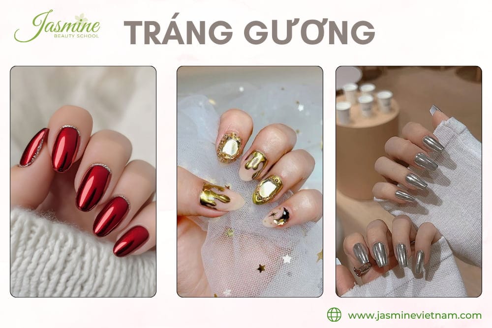 mẫu móng tráng gương đẹp cho mùa hè 2025, phản chiếu ánh sáng nổi bật, hợp chụp ảnh ngoài trời