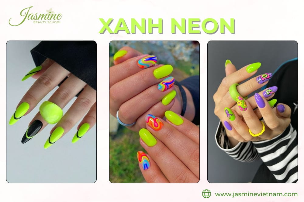 mẫu móng xanh neon đẹp cho mùa hè 2025, gam màu rực rỡ thu hút ánh nhìn và phù hợp phong cách cá tín