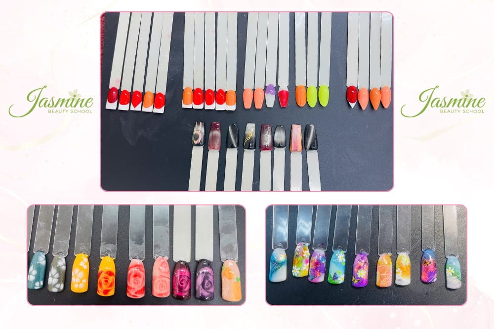 Mẫu nail học viên Jasmine – kỹ thuật dũa form chuẩn, phối màu ombre, vẽ hoa cồn, loang gel, mắt mèo, tráng gương, cọ kéo, vẽ gel nổi và tạo hiệu ứng 3D
