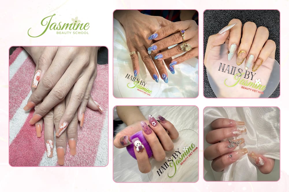 mẫu móng đa phong cách kết hợp detailing hoa, sóng trắng, charm đính đá và bướm 3D tại Jasmine Beauty School