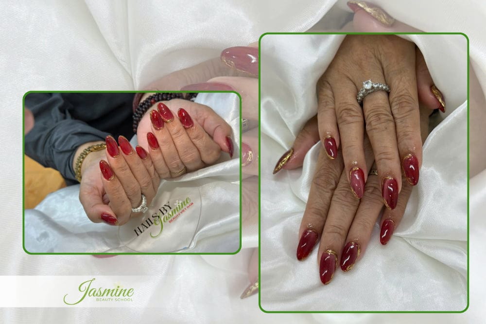Mẫu nail hoàn chỉnh sau 3 tháng học – học viên tự thực hiện toàn bộ kỹ thuật: đắp bột, tạo form almond, dũa form, sơn gel nền đỏ rượu và trang trí ánh kim bằng foil tại Jasmine Beauty School.