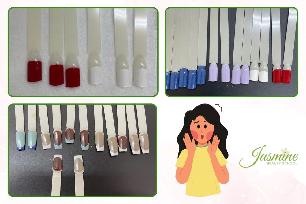 Sản phẩm học viên ngành nail sau 3 buổi học – sơn gel, vẽ French và bảng màu đầu tay trên móng giả tại Jasmine Beauty School.