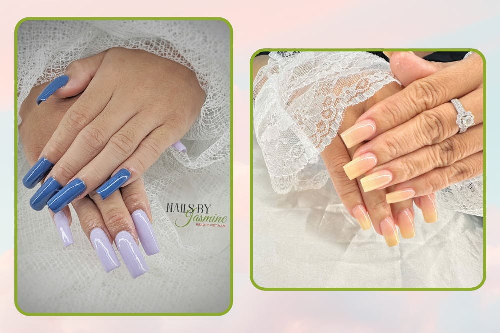 Bộ đôi pastel nhẹ nhàng với kỹ thuật đắp bột và sơn gel phối màu ombre – dịu dàng nhưng đầy tinh tế.