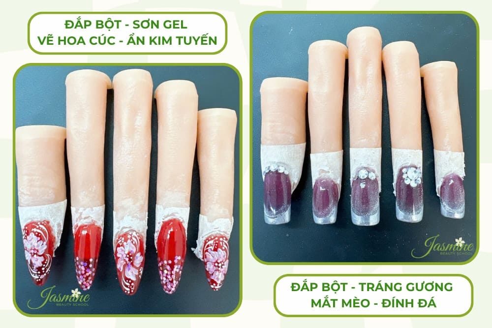 Mẫu nail học viên thực hành đắp bột trên móng giả với hai kiểu: vẽ hoa cúc kết hợp sơn gel ẩn kim tuyến và tráng gương mắt mèo đính đá.
