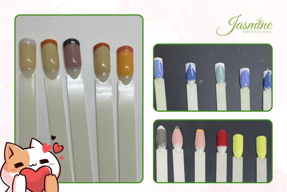 Mẫu nail học viên thực hành sau 3–4 buổi học tại Jasmine – kỹ thuật sơn French cơ bản và dũa form trên móng giả.