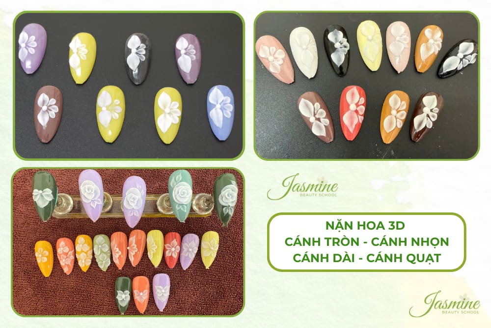 Mẫu nail học viên luyện kỹ thuật nặn hoa 3D với cánh tròn, cánh nhọn, cánh dài và cánh quạt trên móng giả.