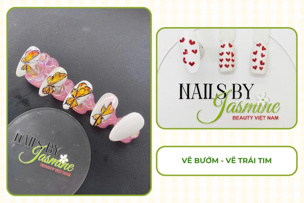 Mẫu nail học viên vẽ họa tiết bướm và trái tim mini trên móng giả, luyện kỹ thuật cọ nét và bố cục chi tiết.