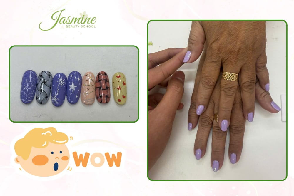 Học viên thực hành nail trên mẫu thật và vẽ họa tiết cơ bản