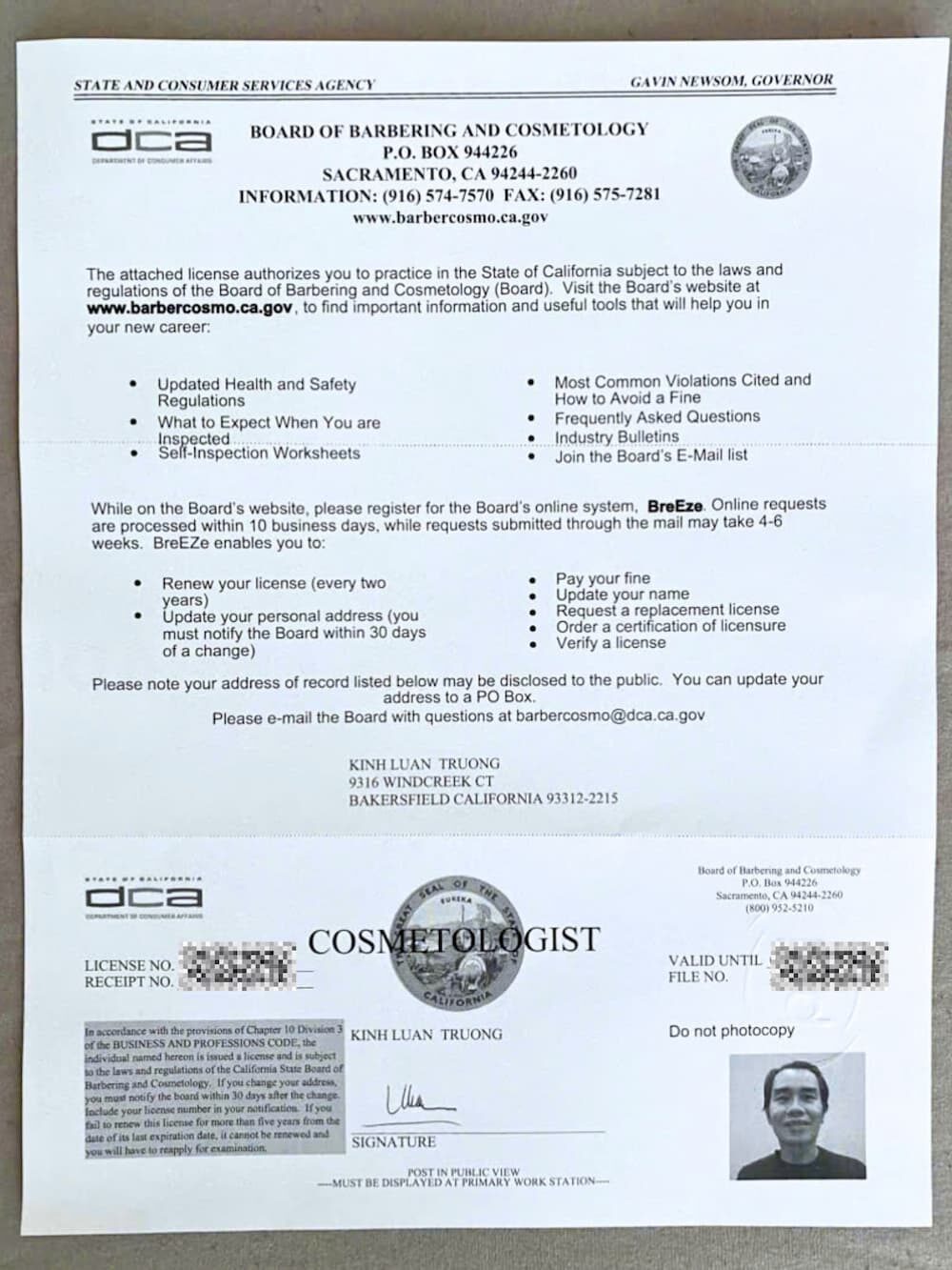 Học viên Trương Kinh Luân nhận bằng Cosmetology bang California sau kỳ thi State Board Mỹ