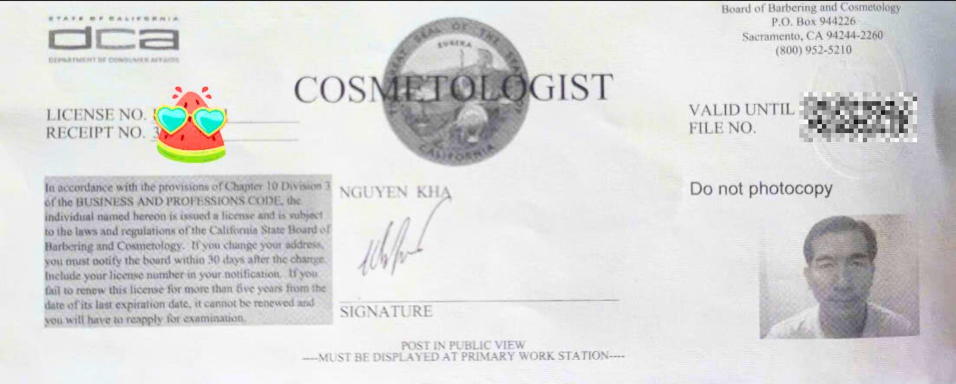 Bằng Cosmetology tại bang California của ạnh Kha Nguyên