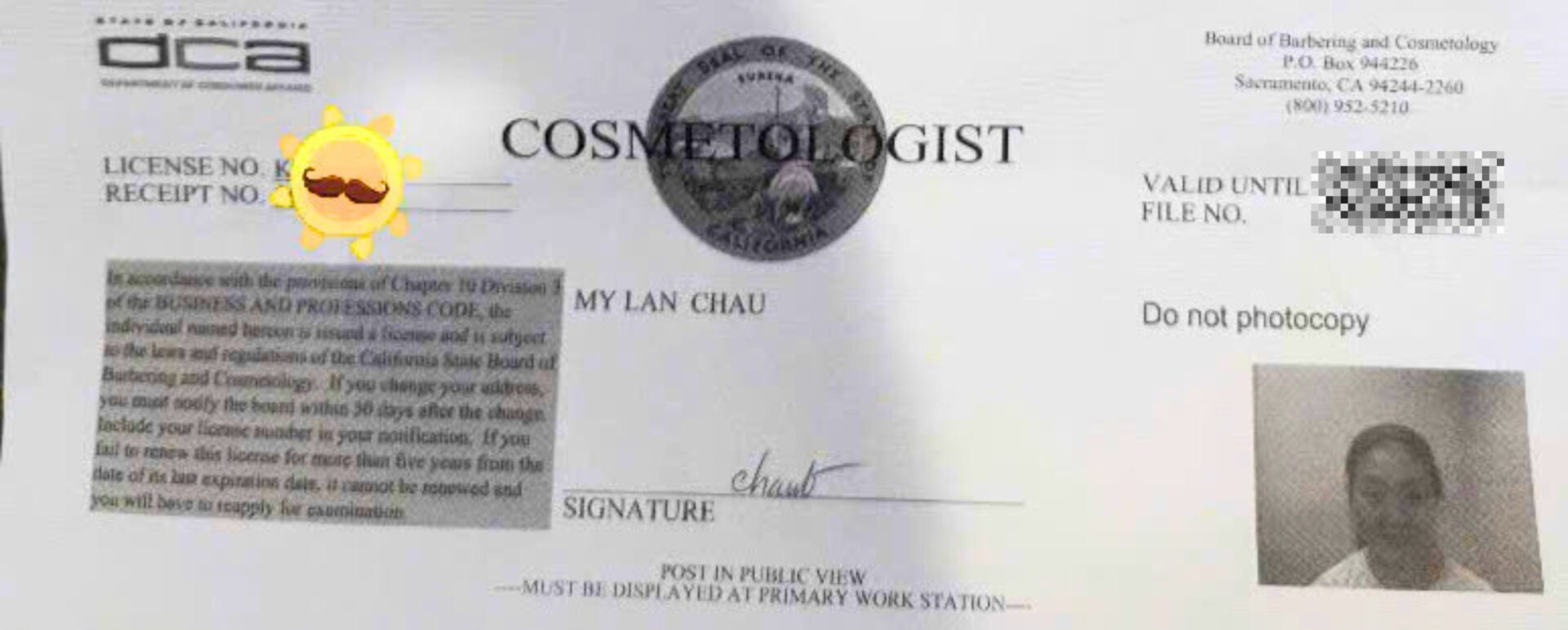 Bằng Cosmetology tại bang California của chị Châu Mỹ Lan