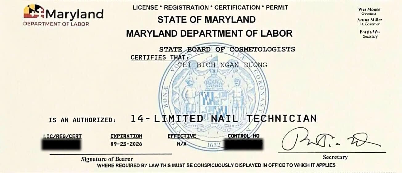 Chị Bích Ngân đã vượt qua cả phần Lý thuyết và Thực hành, chính thức nhận bằng nail Maryland.