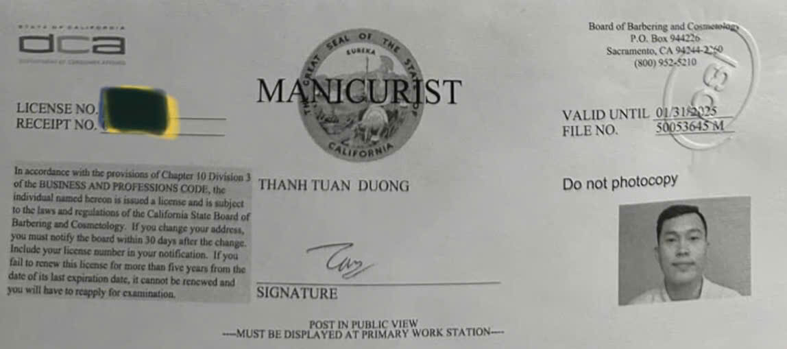 Jasmine Beauty School xin chúc mừng anh Dương Thanh Tuấn đã hoàn thành kỳ thi và chính thức sở hữu Nail License California.